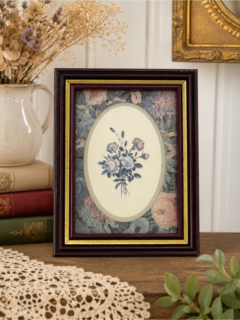 Vintage 5x7 Floral Framed Wall Art Burgundy Gold Cottagecore Botanical